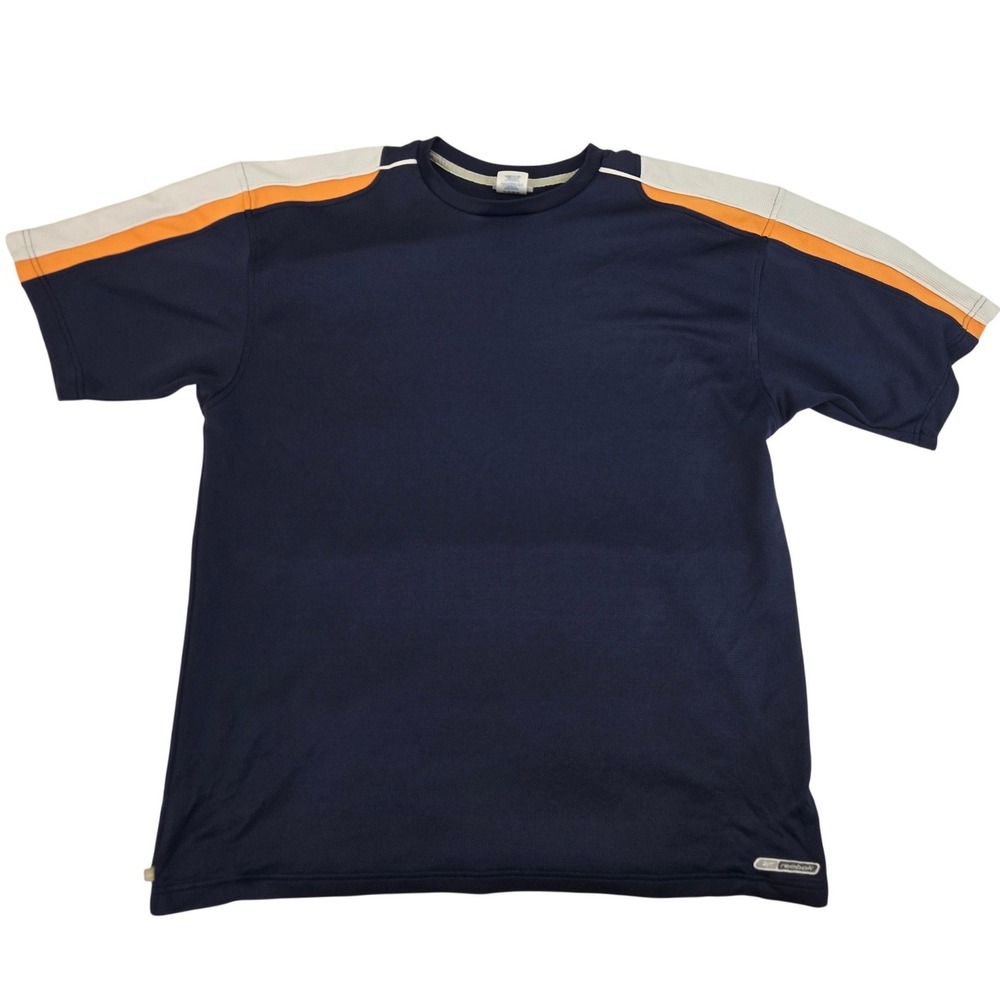VTG Y2K Reebok PlayDry T-Shirt Men's 2XL Navy Blue Orange Blokecore Jersey Tee